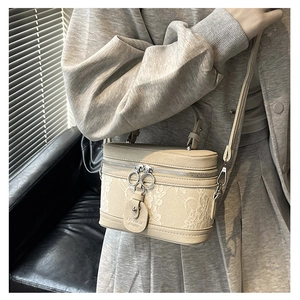 Detail of cream box bag with white lace floral embroidery and silver zipper