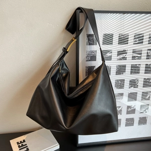 Classic black PU leather hobo bag with wide shoulder strap and gold hardware accents