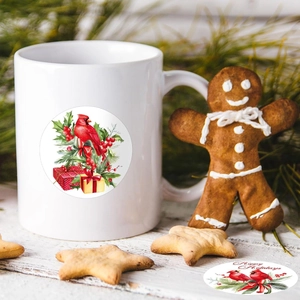 Christmas ceramic mug and sticker set with festive northern cardinal and holiday pattern