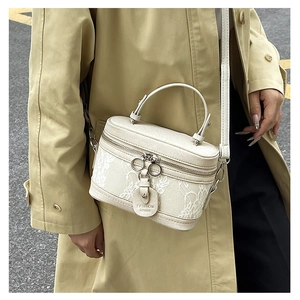 Close-up of beige box bag with white lace floral patterns and gold double zipper detail
