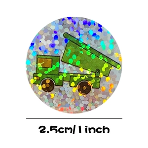 2.5cm round laser glitter car sticker with green dump truck cartoon for reward chart