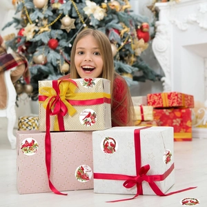 Close-up of bird-themed Merry Christmas stickers on gift boxes in a festive home setting