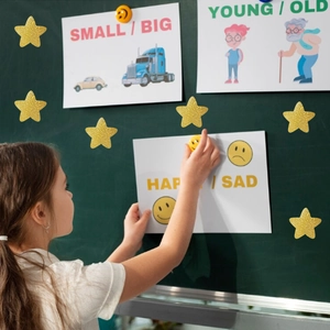 Golden glitter star stickers for rewarding students shown on a blackboard scene
