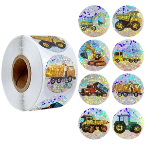 Detail of holographic car stickers with glitter effect showing excavators and tractors