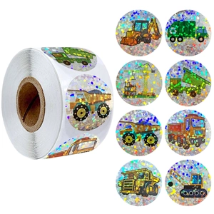 Detailed holographic laser stickers roll featuring various cartoon construction vehicles