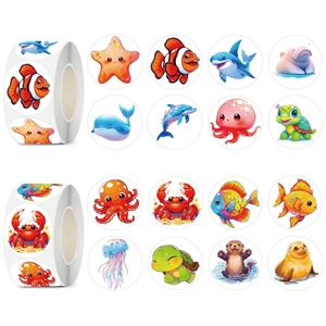 Cartoon Marine Animal Roll Stickers For Kids Reward Round Self Adhesive Labels For Scrapbooking DIY Decoration Gift