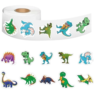 Roll of cartoon dinosaur stickers for children featuring fifteen colorful T-Rex and Triceratops