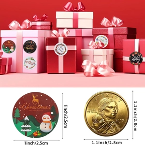Christmas roll stickers with cartoon reindeer and snowman designs on gift boxes with size coin