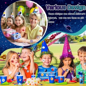 Space themed stickers showing versatile use on skin, party cups, and gift boxes
