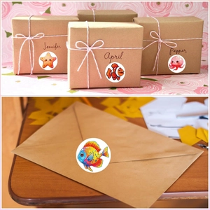Detail of round ocean animal stickers used for gift box labels and envelope seals