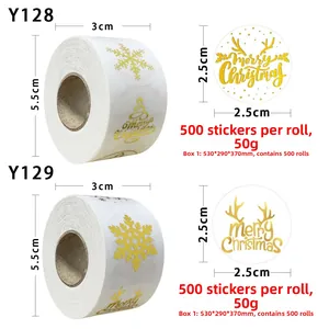 Christmas seal stickers with gold foil reindeer and snowflake designs on white background