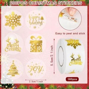 500pcs Gold Foil Christmas Seal Stickers Roll with Snowflake and Tree Designs 1 inch