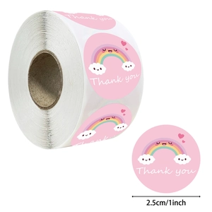 Cartoon Rainbow Smiling Cloud Thank You Sealing Stickers Roll Round Pink Adhesive Labels For Gift Wrapping Envelope Mailing Packaging