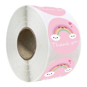 Rainbow smiley thank you sticker roll with pink clouds and hearts for gift packaging
