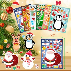 6 sheets Christmas dress-up sticker set for kids featuring Santa, reindeer and penguins