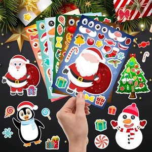 6 sheets of Christmas dress-up stickers for kids featuring Santa, snowmen and festive patterns