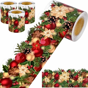 Christmas Scalloped Bulletin Board Borders Poinsettia Pine Cones Printed Adhesive Sticker Roll For School Office Party Decor