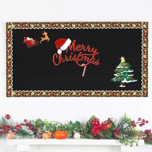 Detail of Merry Christmas border stickers with Santa and reindeer on a festive backdrop