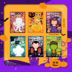 6-pack Halloween DIY cartoon character stickers for kids featuring pumpkin and ghost themes