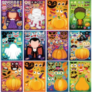 Halloween DIY face stickers set featuring 12 classic spooky characters for kids party decor