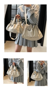 Detailed comparison of large and small beige nylon tote bags with drawstring closure