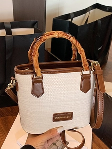 Women's Fashion PU Woven Texture Bucket Bag Retro Bamboo Handle Shoulder Crossbody Handbag Commuting Purse Lady Summer Style