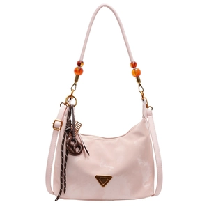 Borsa tote vintage rosa con cinturini in ambra e ciondolo a forma di pretzel