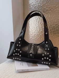 Vintage PU Leather Underarm Bag For Women Studded Punk Rivet Shoulder Bag Stylish Moto Style Commuter Tote Bag Silver Hardware