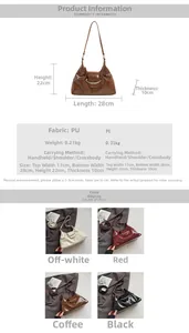 Detail view of stylish pleated PU hobo bags with metal crescent buckle and size chart