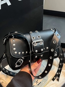 Punk Nieten Schwarz PU Leder Unterarmtasche Für Damen Fashion Y2K Schultertasche Mit Metallschnalle Und Ösen Retro Chic Tasche