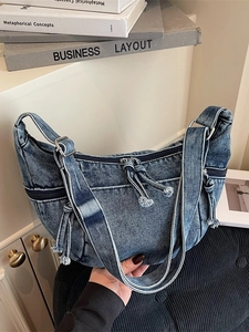 Sac Bandoulière Croissant en Denim Lavé pour Femmes Sac Hobo Rétro à Poches Multiples Avec Bandoulière Réglable Décontracté