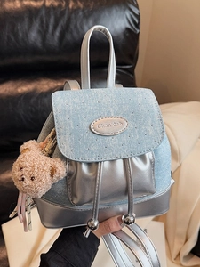 Mini Sac à Dos Mode Femme Sac Seau Convertible Similicuir Texture Denim Cordon Sac à Bandoulière Avec Charme Ours Peluche