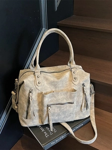 Borsa Tote Vintage in Pelle Scamosciata Grande Capacità Multitasche Tracolla Effetto Invecchiato Nappa Donna Lavoro