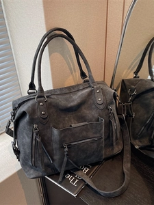 Borsa tote retrò grigio antracite in finta pelle scamosciata con frange e zip