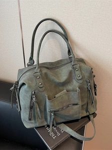 Borsa tote retrò verde scuro in pelle scamosciata con frange e tasche multiple