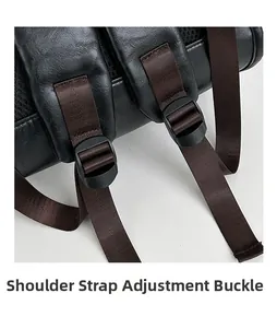 Detail of adjustable shoulder strap buckle and brown webbing on black leather backpack
