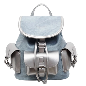 Vintage light blue denim backpack with silver leather trim and large capacity