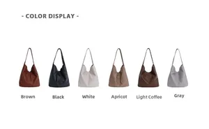 Color display of large woven tote bags in brown, black, white, apricot, coffee and grey