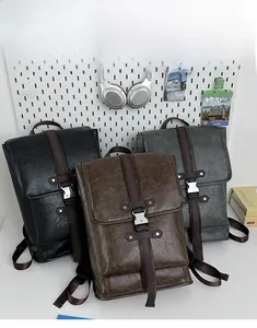 Three colors of retro PU leather backpacks with metal buckles and textured finish