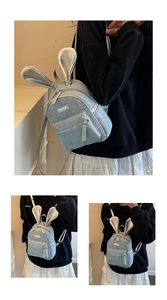 Detail of light blue sequin mini backpack featuring silver rabbit ears and metallic zipper