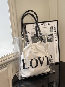 Damen Große Kapazität Transparent PVC Tote Tasche LOVE Buchstabe Patchwork Schultertasche Mit Kordelzug Innentasche Strand Jelly Handtasche