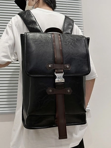 Classic vintage college-style black PU leather backpack with flip cover and metal buckles