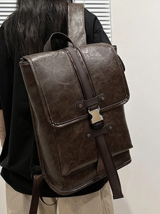 Vintage dark brown PU leather backpack with silver buckle closure for men and women