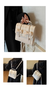 Detail of beige plaid backpack with decorative bows and versatile carrying straps