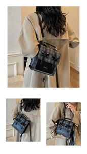 Detail of checkered bow backpack with FASHION & BAGS inscription and adjustable straps