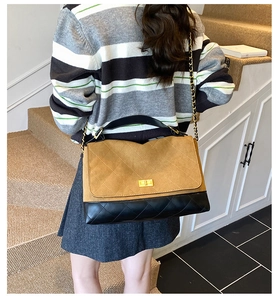 Retro quilted colorblock shoulder bag with chain strap, elegant commuter crossbody handbag.