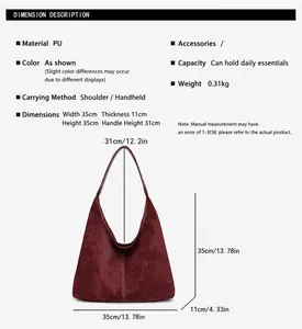 Especificaciones de tamaño para bolso hobo de cuero PU burdeos con dimensiones exactas