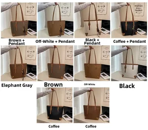 Collage showing stylish tote bags in five colors with optional decorative charms