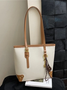 Women Large Capacity PU Leather Tote Bag Litchi Texture Contrast Color Shoulder Bag For Commute School Office Work Handbag With Charm