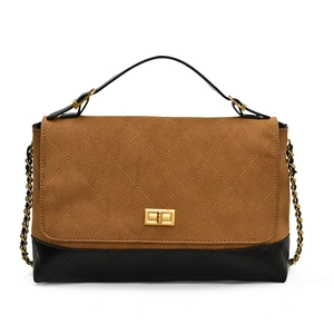 Quilted chain shoulder bag in brown suede and black leather with gold twist lock